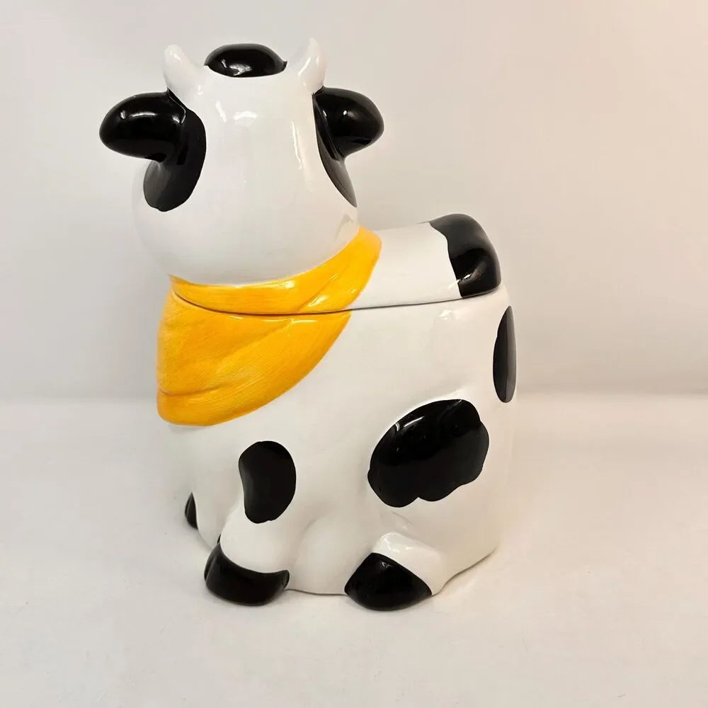 Vintage Cooks Club Ceramic Cow Cookie Jar Yellow Bandana Farmhouse Decor 11
